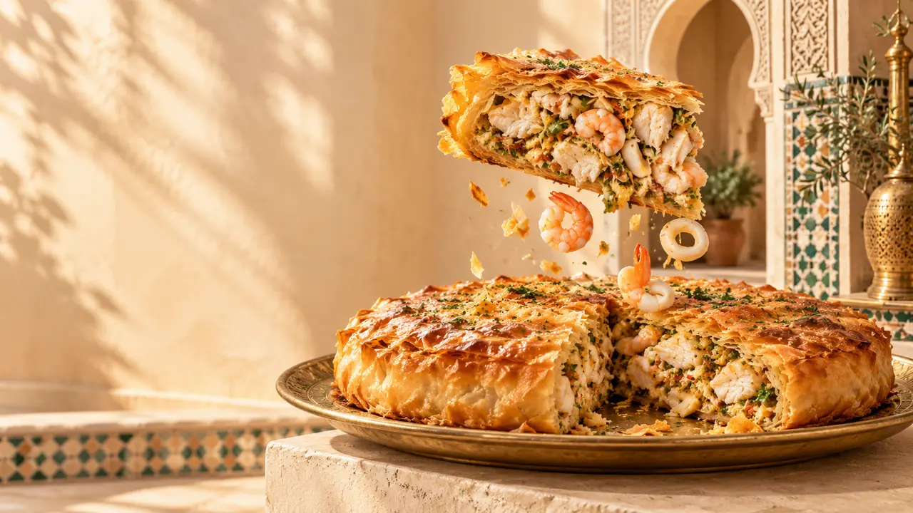 A generous slice rises above a giant golden fish pastilla, with shrimp, calamari and pastry flakes falling through a sunlit Moroccan courtyard